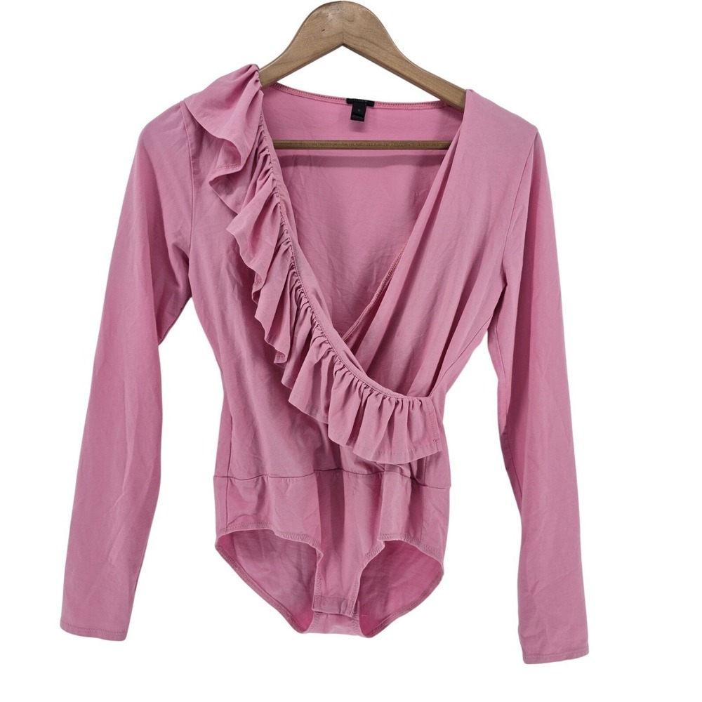 J.Crew Bodysuit Womens Small Ruffle Faux Wrap Pink Long Sleeve EUC